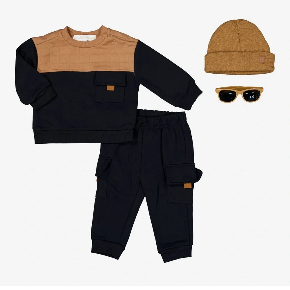 Kids Black Cargo Joggers - Brown Accent! Just set! 12m like new !